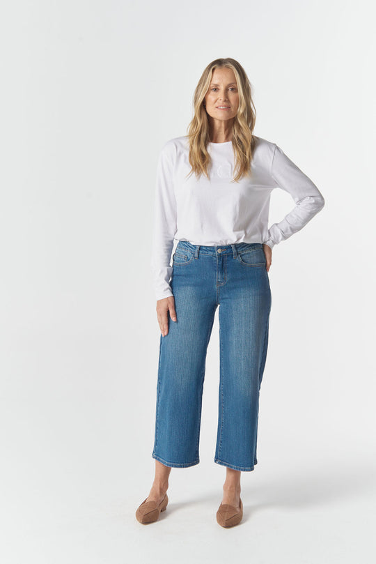 5268-W26 5 Pocket Crop Wide Leg Jean - Denim Blue