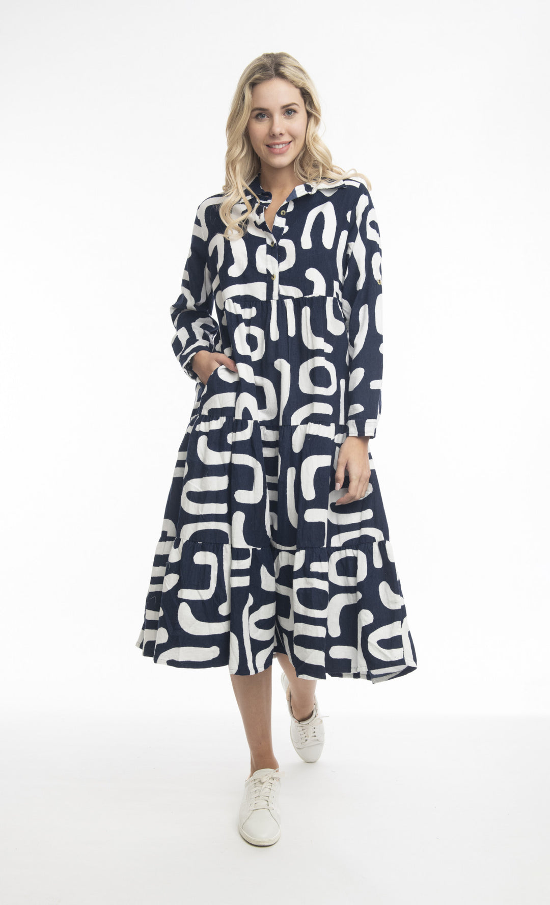 21082 Cord Printed Dress with Collar