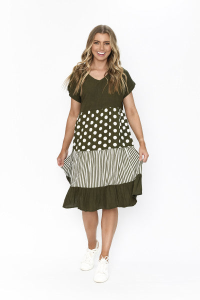 DW85G Nadia V Neck Dress Linen Print Mix