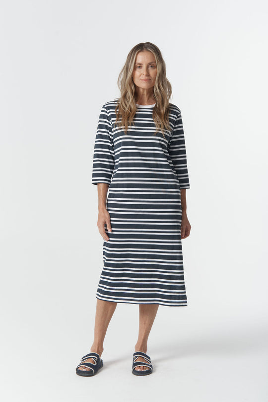 6307-24-W26 Coastline Cotton T-Shirt Dress - Dark Navy/White