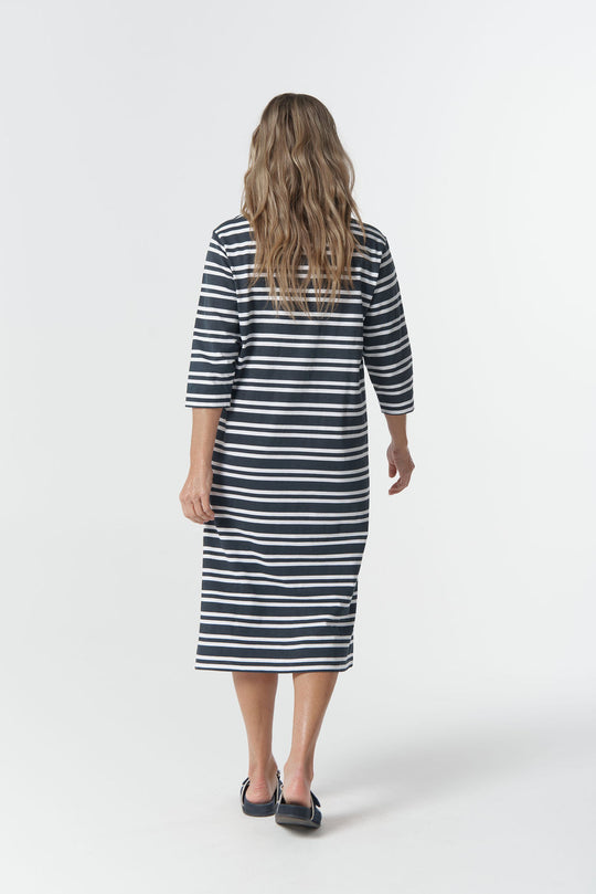 6307-24-W26 Coastline Cotton T-Shirt Dress - Dark Navy/White