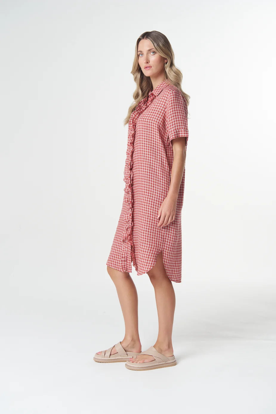 6311-S26 Beach Days Short Sleeve Frill Dress | Poinsettia