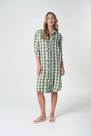6334-264-S26 Goondiwindi Cotton Beach Days Frill Linen Dress | Cedar Green