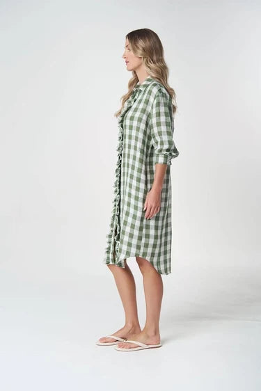 6334-264-S26 Goondiwindi Cotton Beach Days Frill Linen Dress | Cedar Green