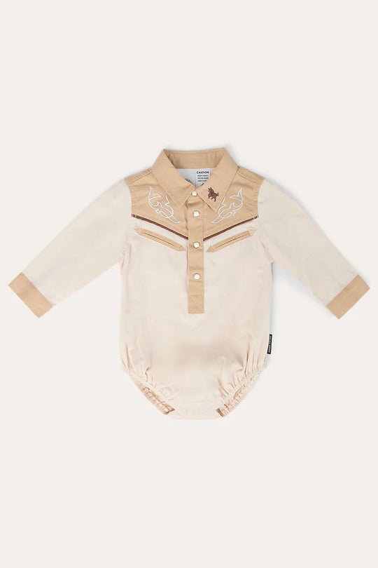 Beau Babies Boys Western Shirt Romper - Dark Sand / Tan