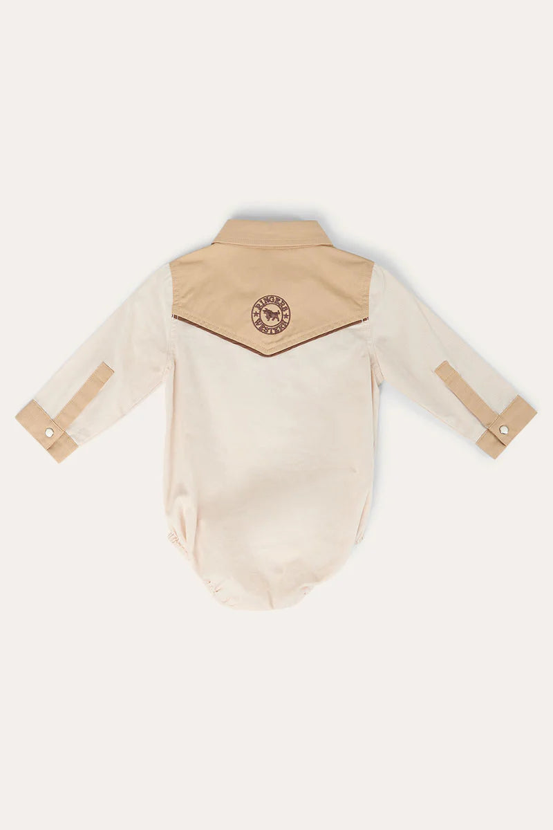 Beau Babies Boys Western Shirt Romper - Dark Sand / Tan
