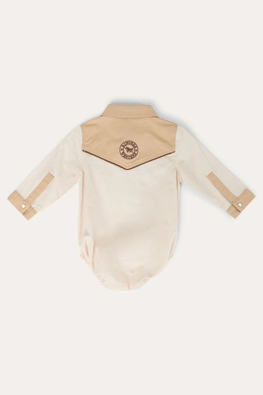 Beau Babies Boys Western Shirt Romper - Dark Sand / Tan