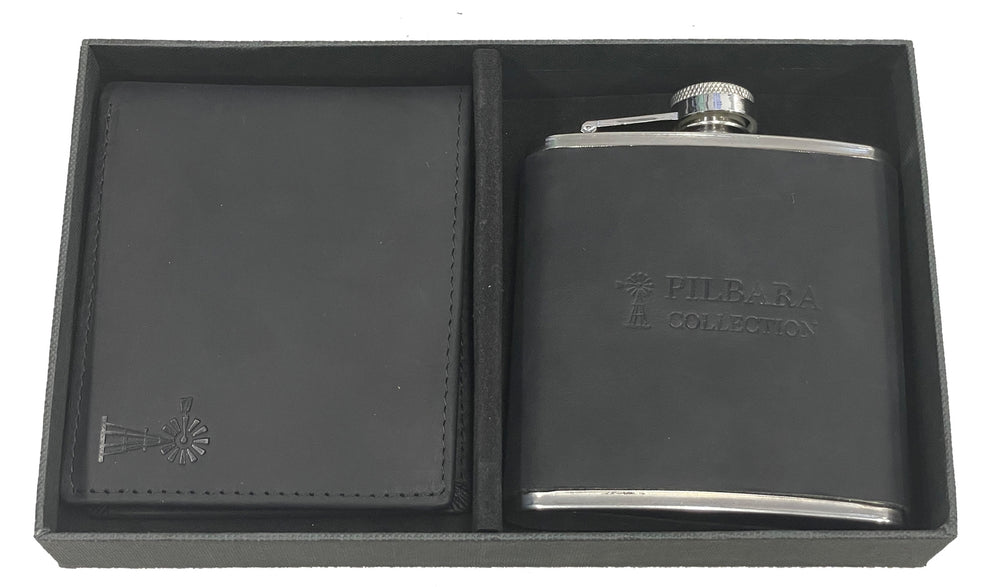 RMPA009 Pilbara Leather Wallet & Hip Flask Gift Box Package
