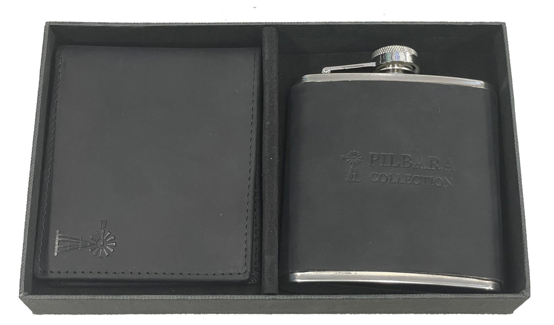 RMPA009 Pilbara Leather Wallet & Hip Flask Gift Box Package