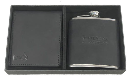 RMPA009 Pilbara Leather Wallet & Hip Flask Gift Box Package
