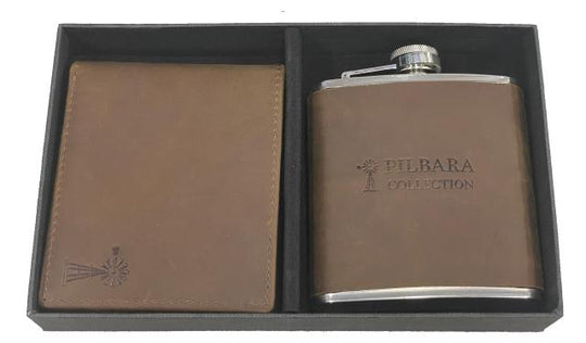 RMPA009 Pilbara Leather Wallet & Hip Flask Gift Box Package