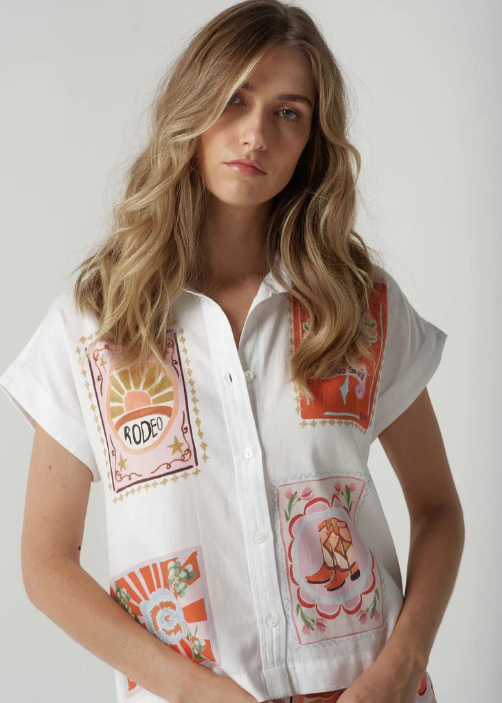 C1437230S25 Cloth + Paper + Scissors Rodeo Print Cap Sleeve Shirt