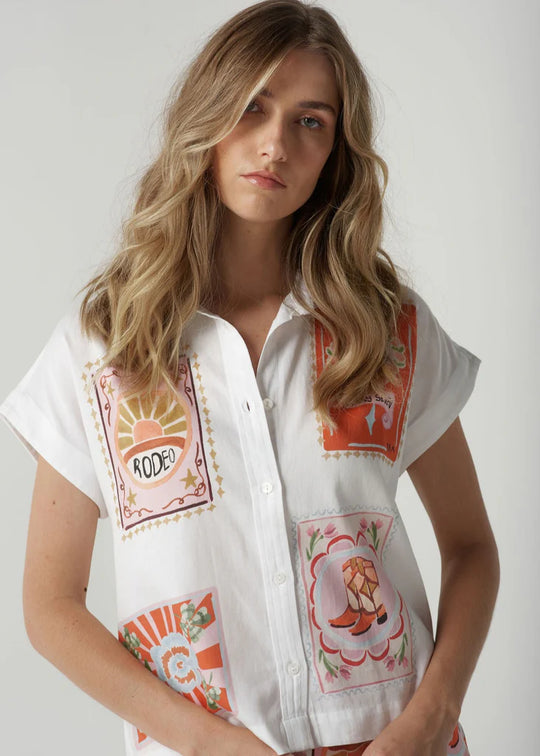 C1437230S25 Cloth + Paper + Scissors Rodeo Print Cap Sleeve Shirt