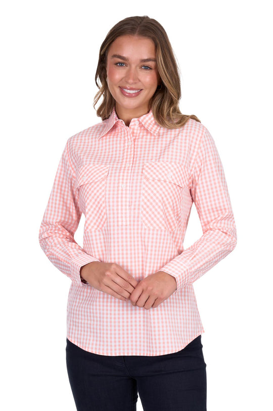 H5S2101122 Wmns Jen 1/2 Plkt LS Shirt | Coral