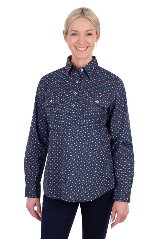 H6S2101126 Women’s Fiora Half Placket Long Sleeve Shirt | Navy
