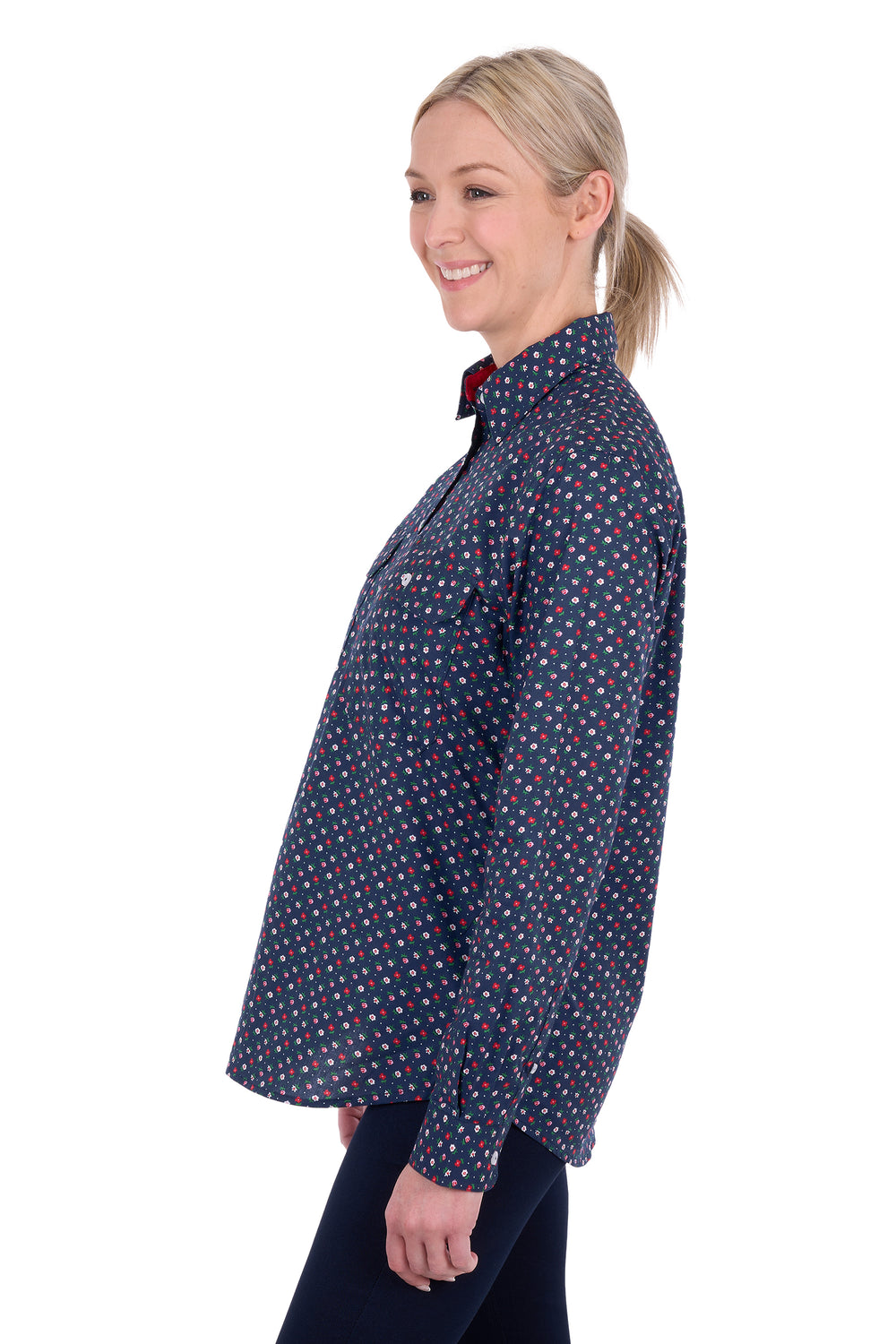 H6S2101126 Women’s Fiora Half Placket Long Sleeve Shirt | Navy