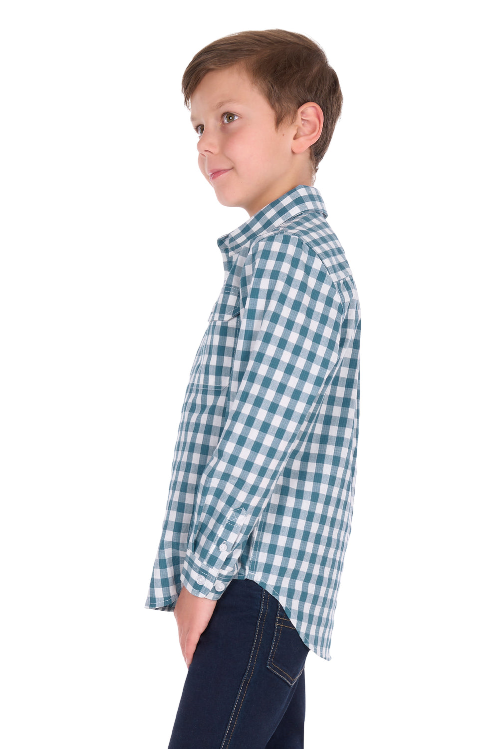 H6S7101185 Kids River 1/2 PLKT LS Shirt | Teal / White