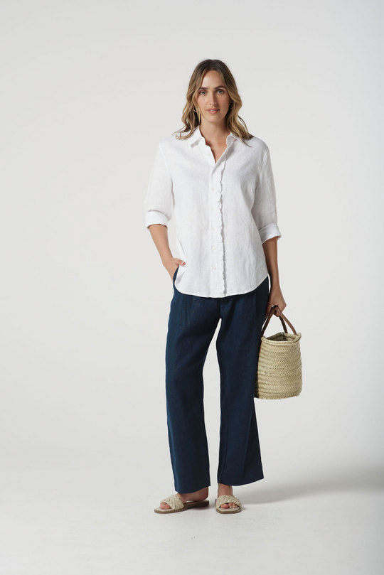 4440-S25 Island Linen 3/4 Sleeve Frill Shirt - White