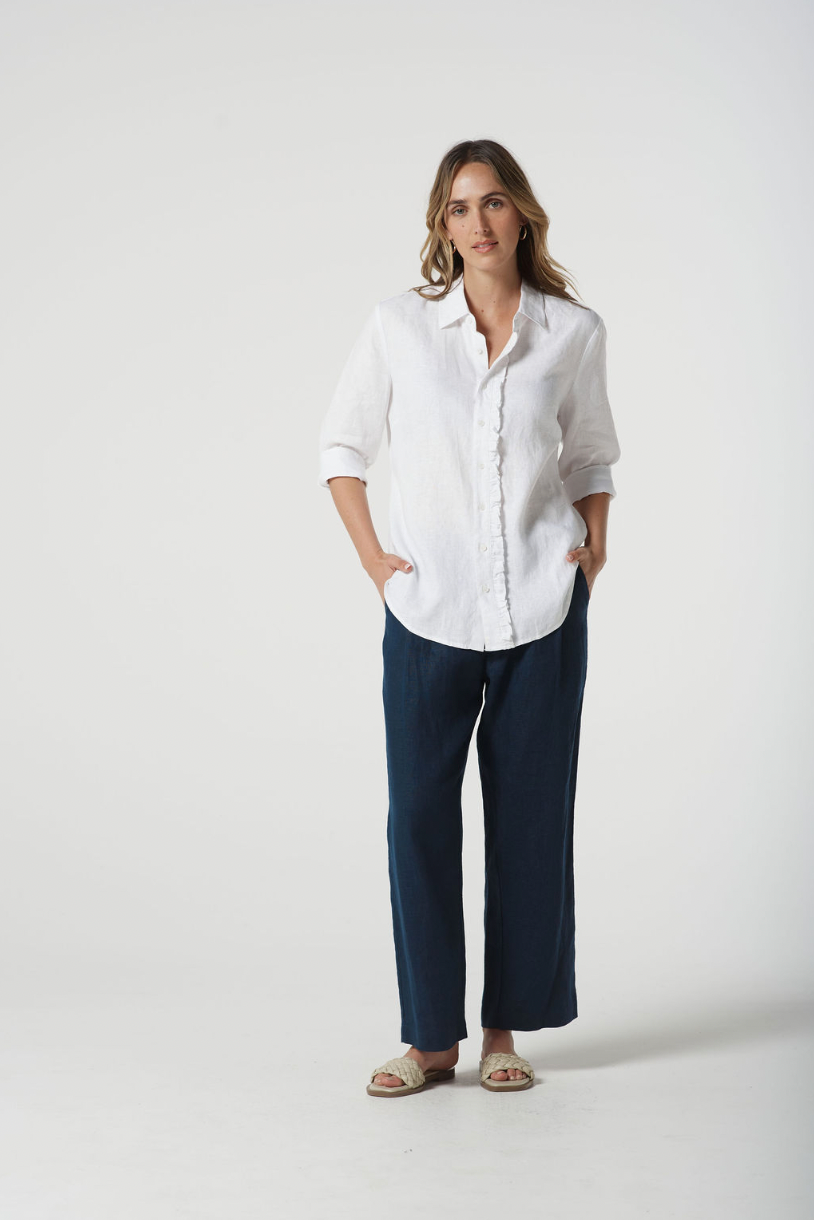 4440-S25 Island Linen 3/4 Sleeve Frill Shirt - White