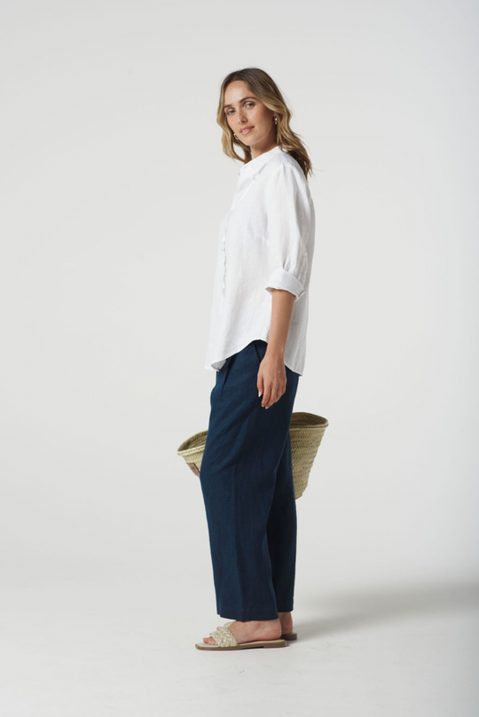 4440-S25 Island Linen 3/4 Sleeve Frill Shirt - White