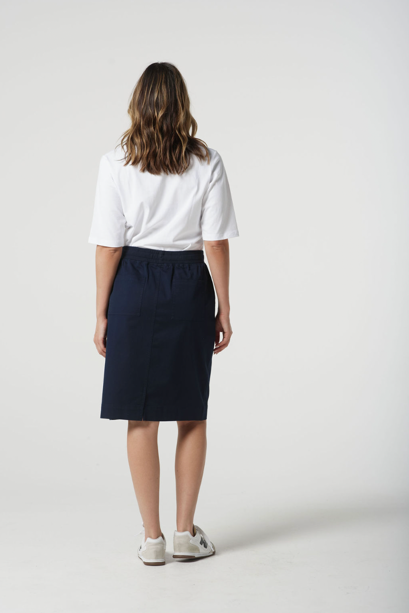 5280-S25 Ribbed Waistband Knee length Skirt - Dark Navy