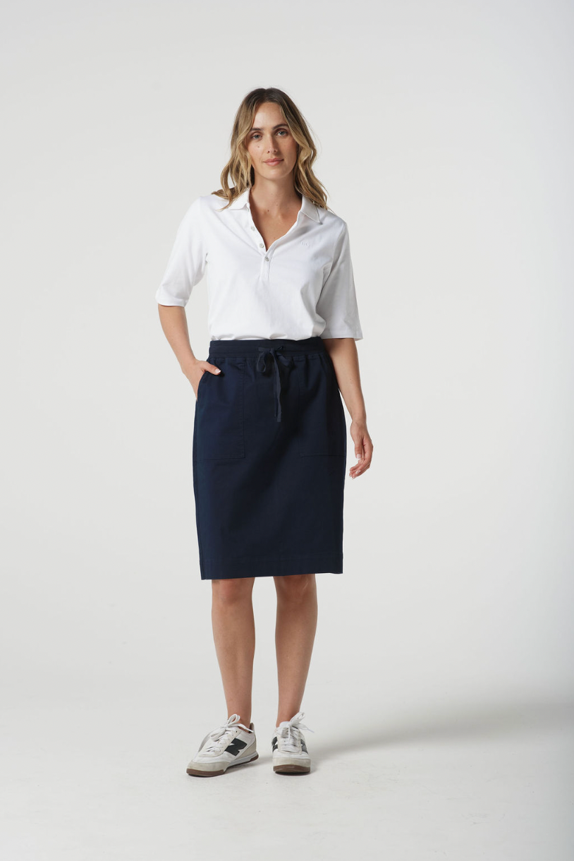 5280-S25 Ribbed Waistband Knee length Skirt - Dark Navy