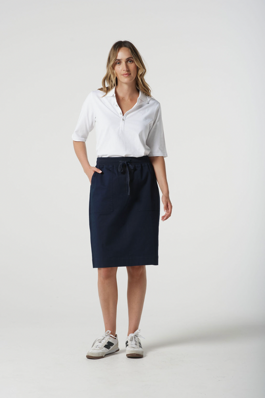 5280-S25 Ribbed Waistband Knee length Skirt - Dark Navy