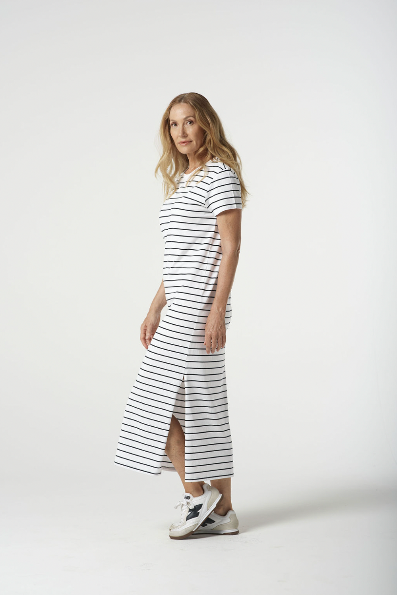 6292-21-S25 Easy Cotton Striped Tee Dress - White/Navy