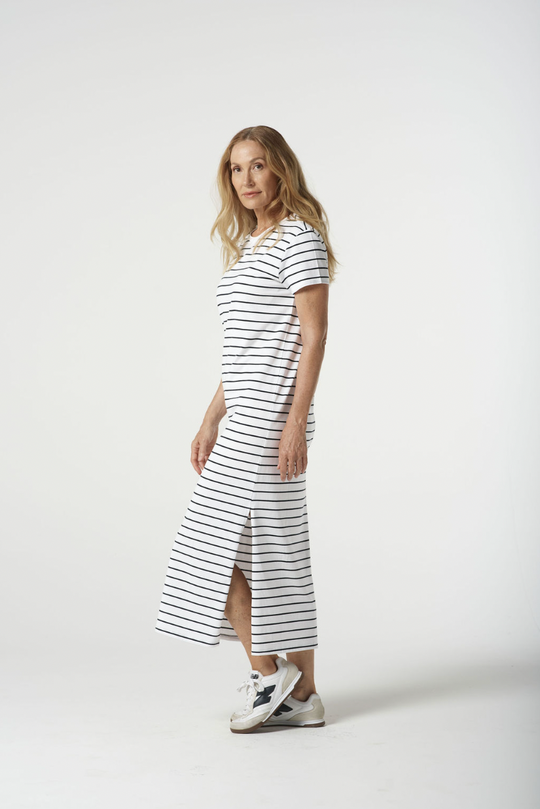 6292-21-S25 Easy Cotton Striped Tee Dress - White/Navy