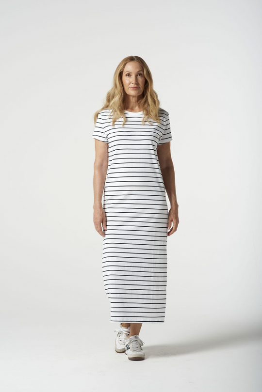 6292-21-S25 Easy Cotton Striped Tee Dress - White/Navy