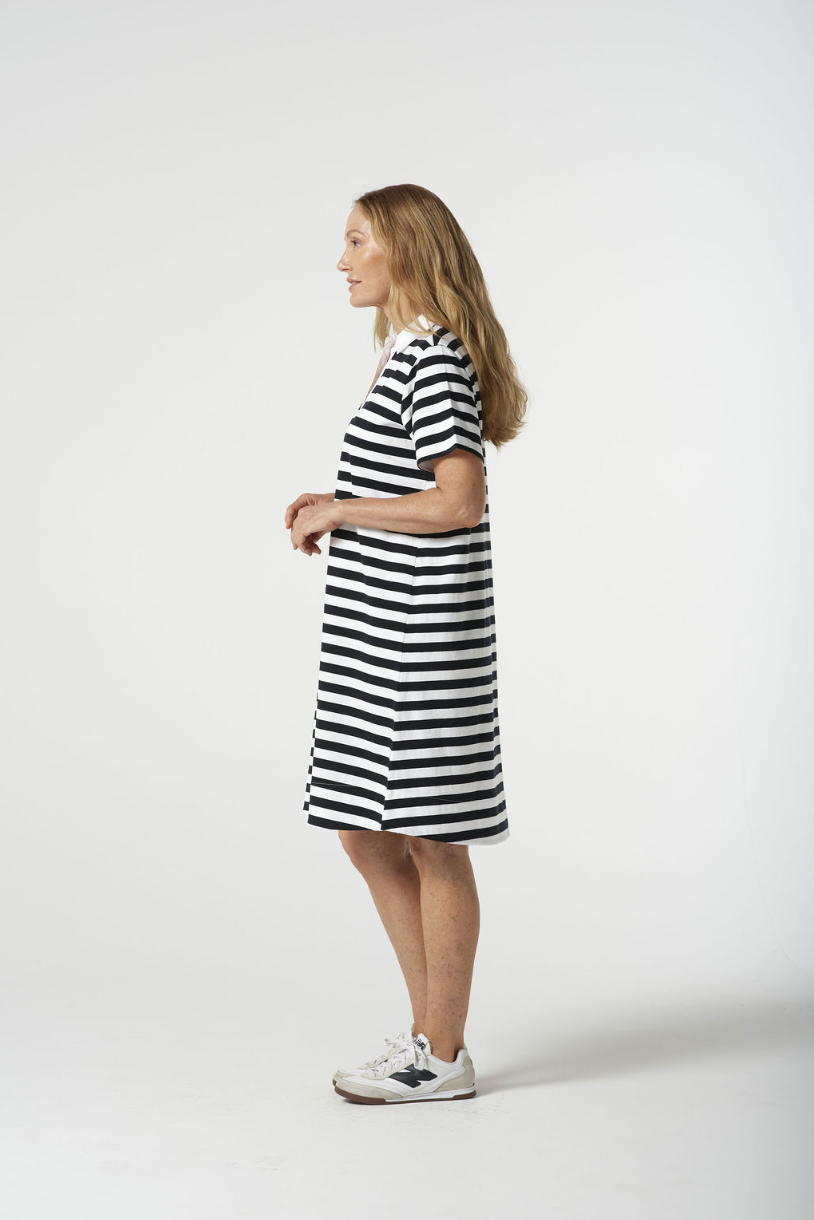 6291-20-S25 V Neck Cotton Polo Dress - Navy/White