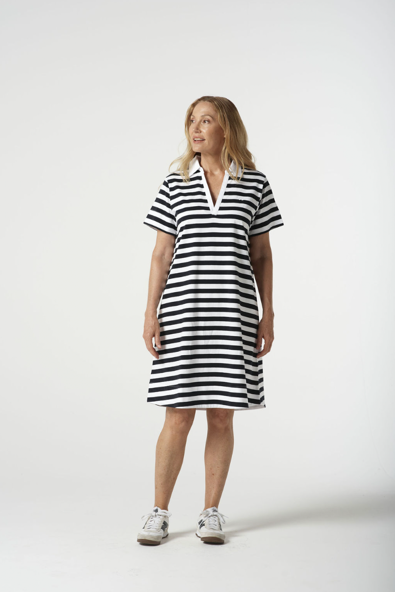 6291-20-S25 V Neck Cotton Polo Dress - Navy/White