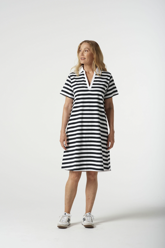 6291-20-S25 V Neck Cotton Polo Dress - Navy/White