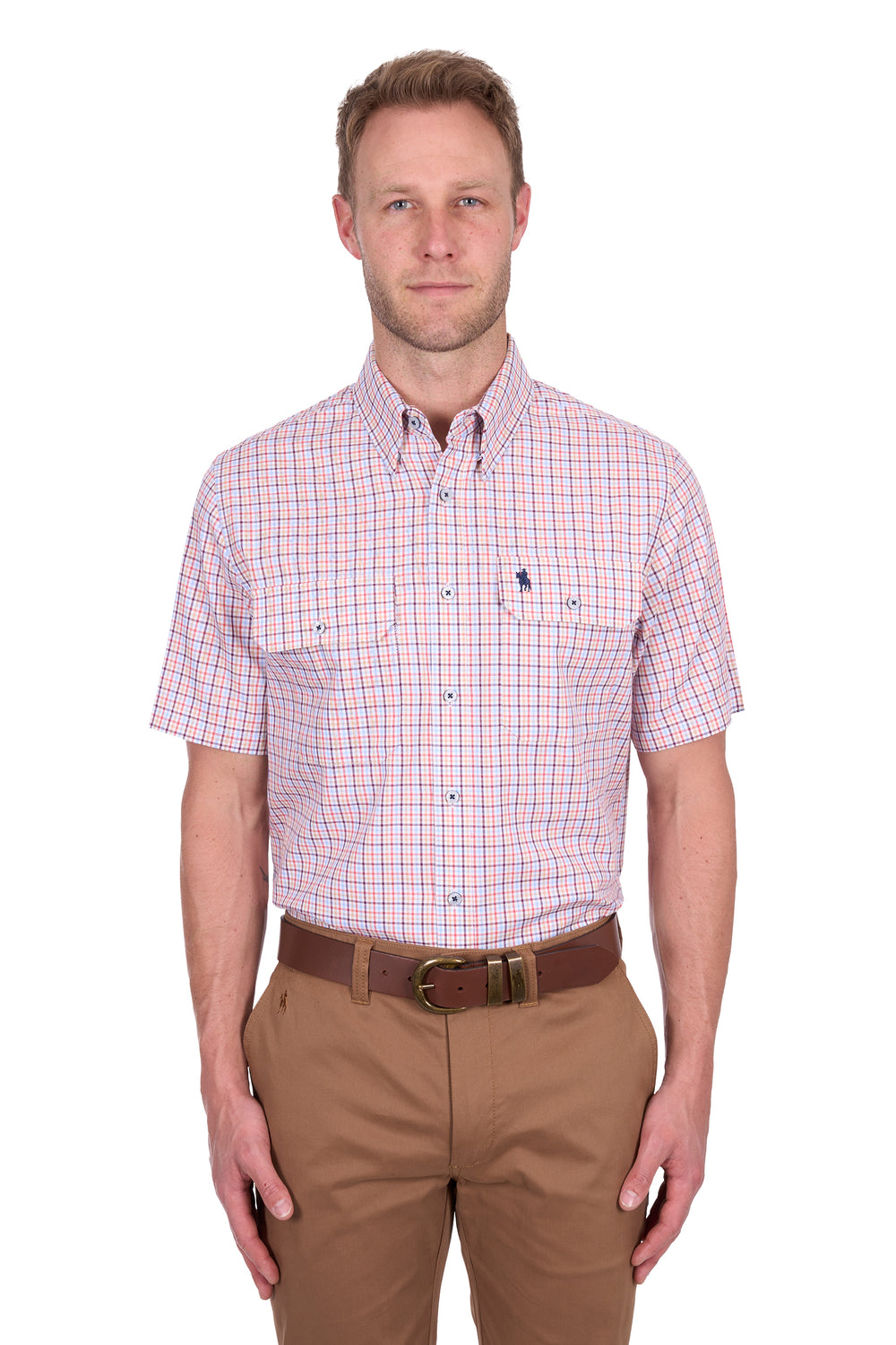 T5S1110043 Men’s Robert Check 2-Pocket Short Sleeve Shirt | Red / Tan