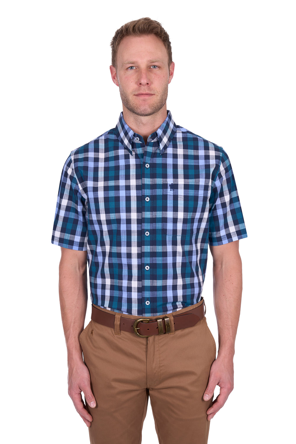 T5S1113044 Men’s John Check 1-Pocket Short Sleeve Shirt | Navy/Blue