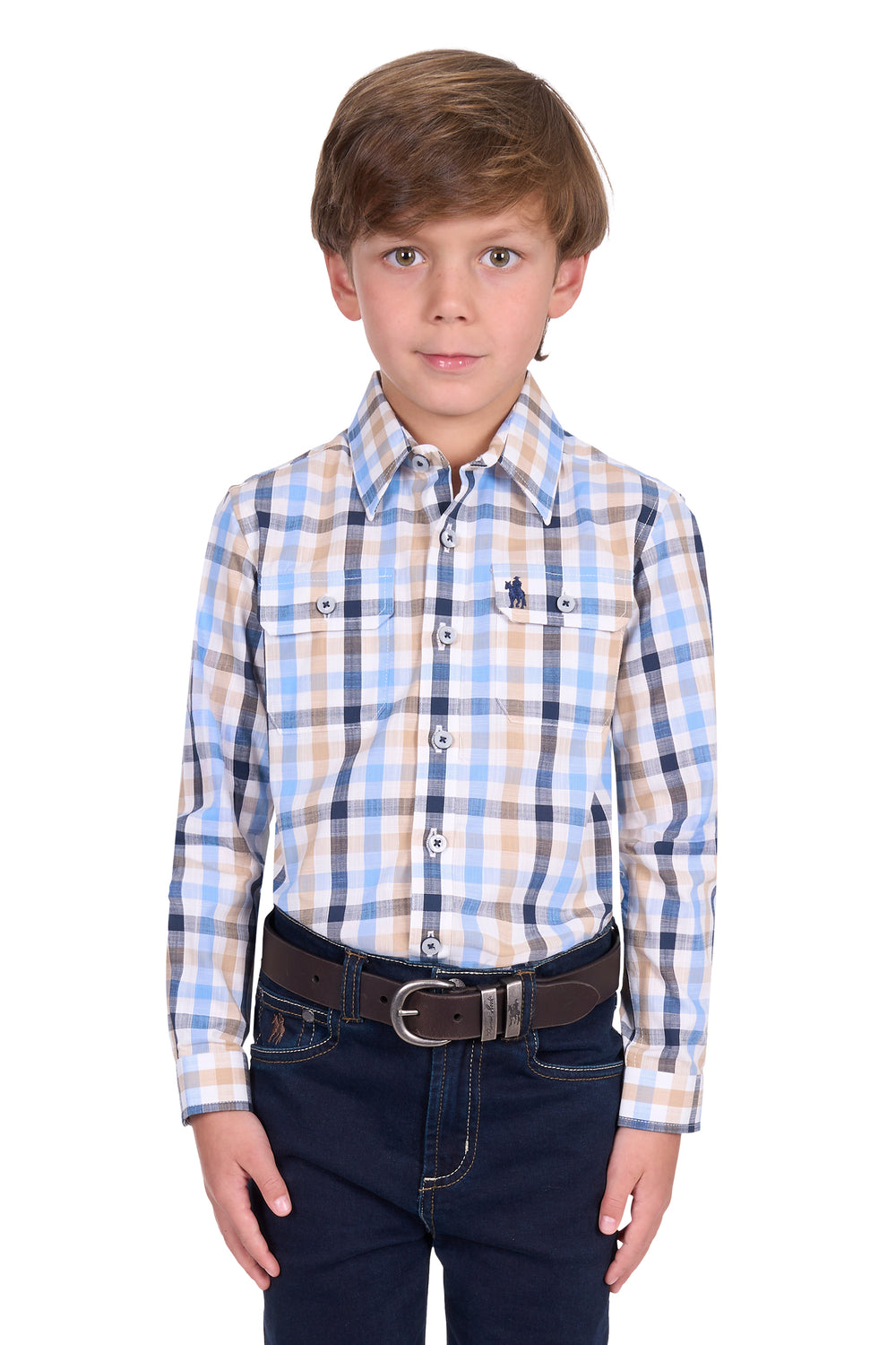 T5S3140051 Boy’s Jesse Check 2-Pocket Long Sleeve Shirt | Navy / Tan