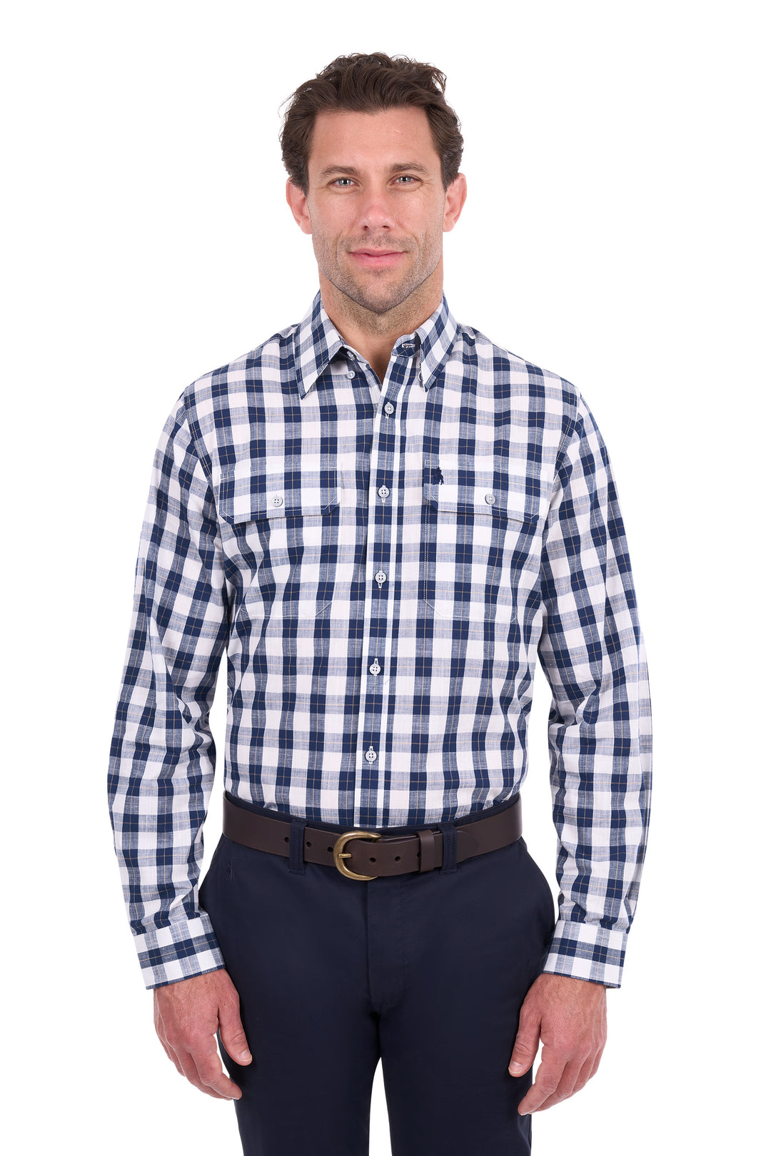 T6S1115027 Men’s Ezra Check 2-Pocket Long Sleeve Shirt | Navy / White