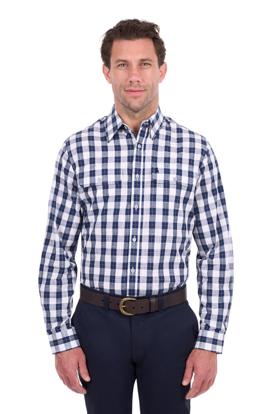 T6S1115027 Men’s Ezra Check 2-Pocket Long Sleeve Shirt | Navy / White