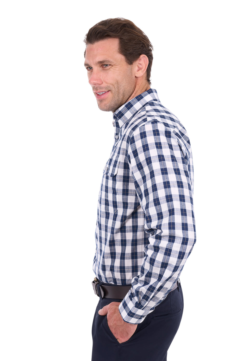 T6S1115027 Men’s Ezra Check 2-Pocket Long Sleeve Shirt | Navy / White