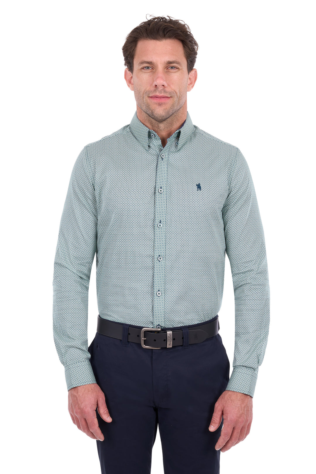T6S1120047 Men’s Arthur Print Tailored Long Sleeve Shirt | Sage / Navy