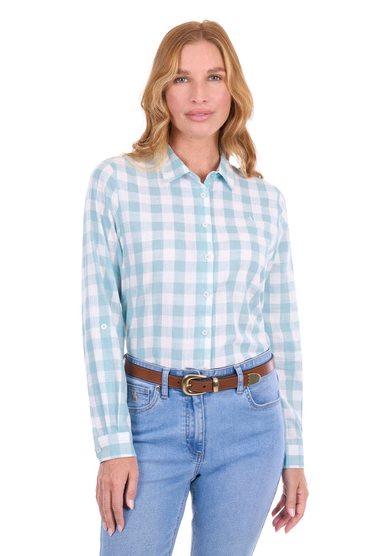 T6S2130065 Women’s Eliza Tab Long Sleeve Shirt | Pastel Turquoise / White