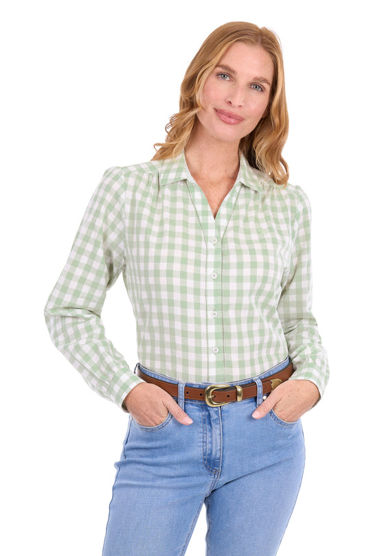 T6S2137082 Women’s Dimity Linen Long Sleeve Shirt |  Mint / White