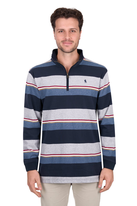 T6W1524020 Men’s Nathan 1/4 Zip Stripe Rugby | Navy / Grey Marle