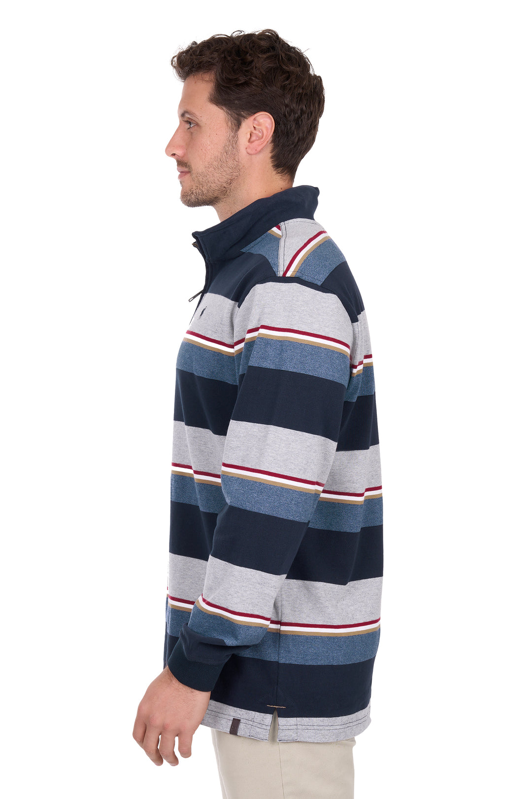 T6W1524020 Men’s Nathan 1/4 Zip Stripe Rugby | Navy / Grey Marle