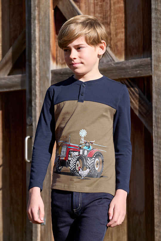 T6W3517201 Boys Karl Henley LS Tee | Navy/Tan