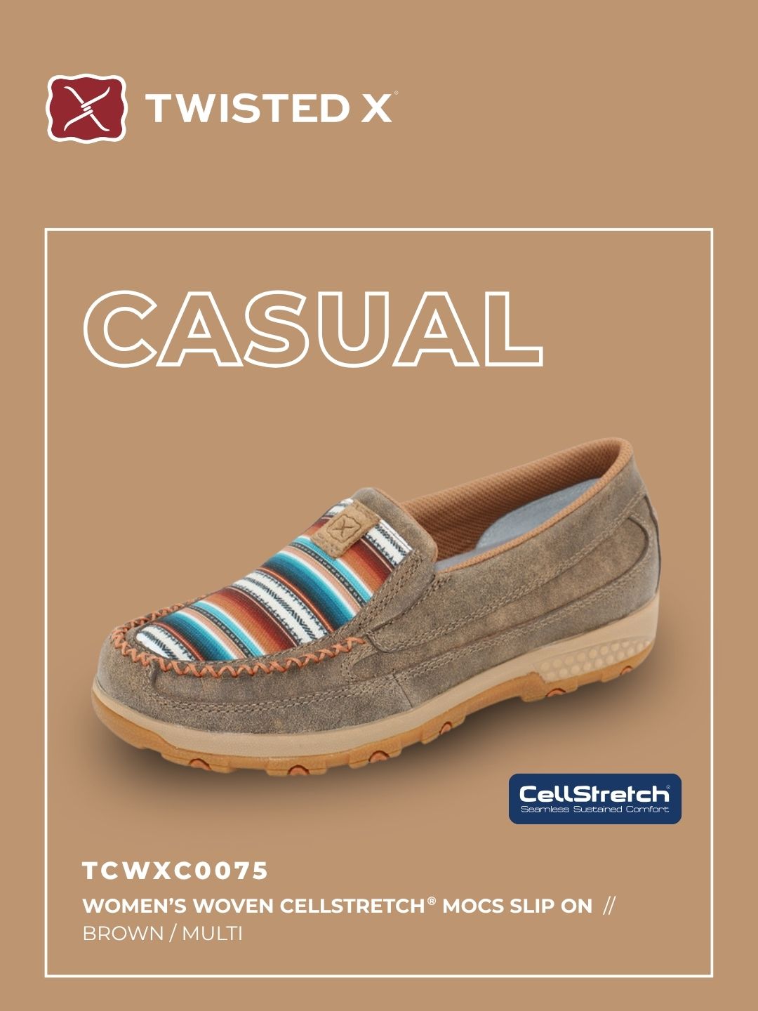 TCWXC0075 Women’s Woven CellStretch® Mocs Slip On | Brown / Multi
