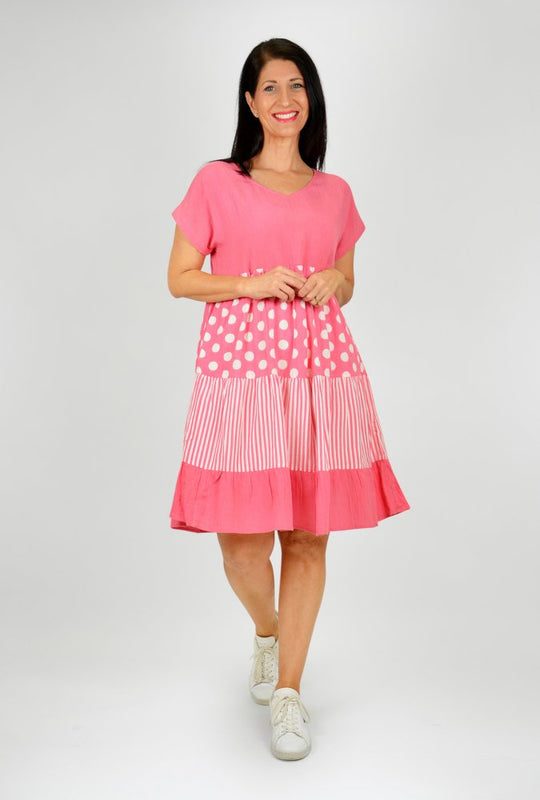 DW85G Nadia V Neck Dress Linen Print Mix