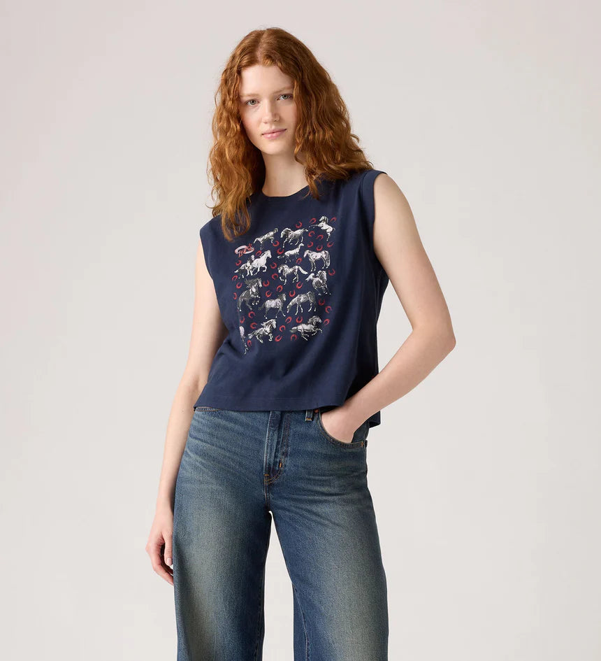 001MW-0006 Levi's® Women's Graphic Boxy Tank | Tossed horses & Navy blazer