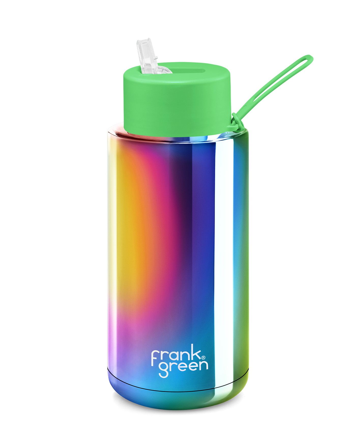 B05S09C07-19-19-30 34oz Stainless Steel Ceramic Reusable Bottle Straw Lid | Rainbow/Neon Green