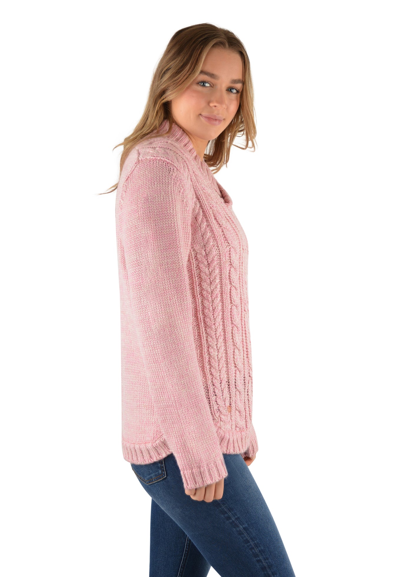 T2W2512073 Wmns Ava Curved Hem Cable Jumper | Begonia Pink Marle